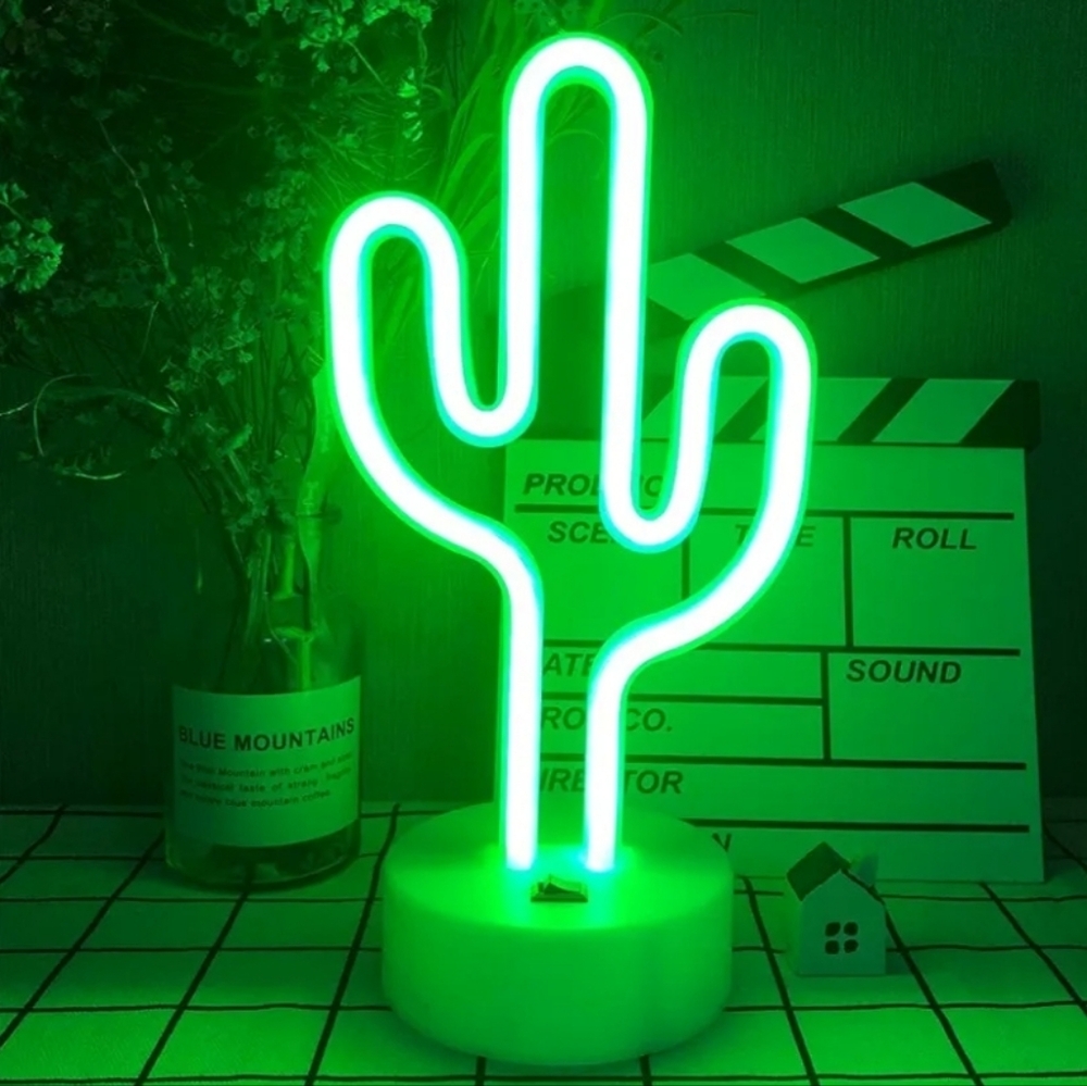 Neon Green Cactus Led Lamp Battery Operated Night Light Room Decor Like New Gift